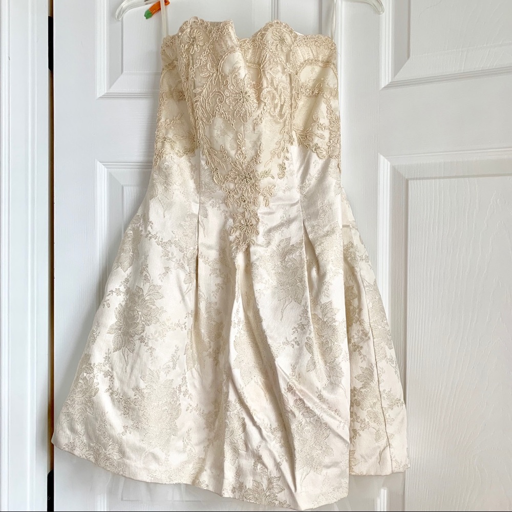Jessica McClintock gold lace and cream tulle dress